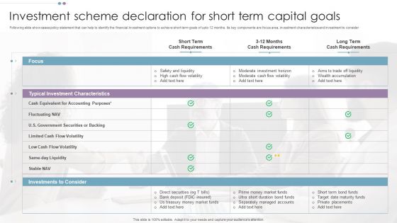 Investment Scheme Declaration For Short Term Capital Goals Icons PDF