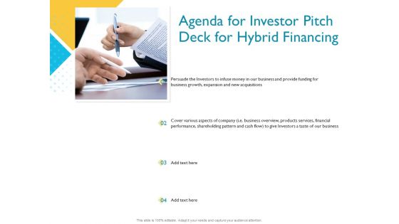 Investor Funding Deck For Hybrid Financing Agenda For Investor Pitch Deck For Hybrid Financing Ppt Inspiration Layout Ideas PDF Investor Funding Deck For Hybrid Financing Agenda For Investor Pitch Deck For Hybrid Financing Ppt Inspiration Layout Ideas PDF