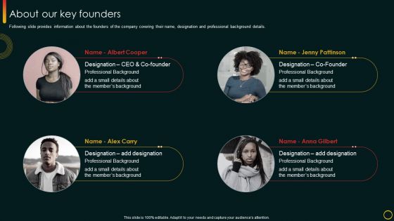 Investor Pitch Deck For Food Startup About Our Key Founders Sample PDF