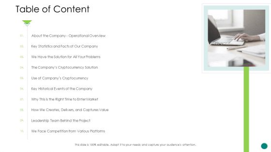 Investor Pitch Gain Funding From ICO Table Of Content Clipart PDF