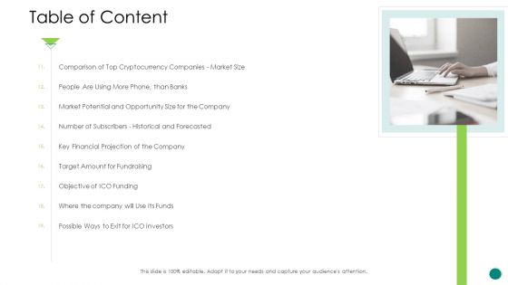 Investor Pitch Gain Funding From ICO Table Of Content Portrait PDF
