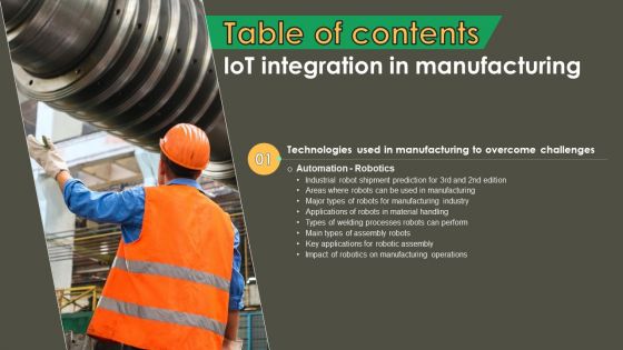 Iot Integration In Manufacturing Table Of Contents Icons PDF Iot Integration In Manufacturing Table Of Contents Icons PDF