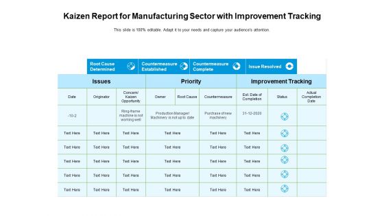 Kaizen Report For Manufacturing Sector With Improvement Tracking Ppt PowerPoint Presentation Summary Slideshow PDF Kaizen Report For Manufacturing Sector With Improvement Tracking Ppt PowerPoint Presentation Summary Slideshow PDF