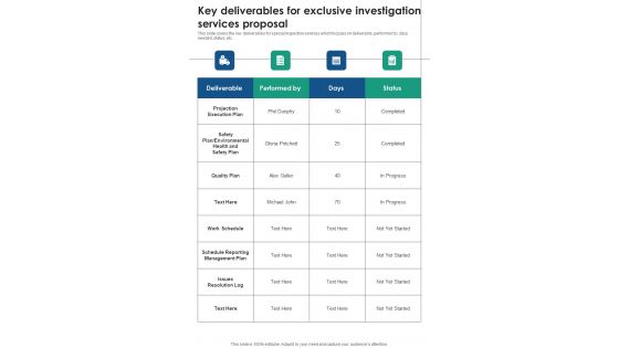 Key Deliverables For Exclusive Investigation Services Proposal One Pager Sample Example Document Key Deliverables For Exclusive Investigation Services Proposal One Pager Sample Example Document