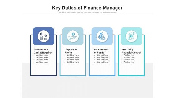 Key Duties Of Finance Manager Ppt PowerPoint Presentation Gallery Slide Download PDF