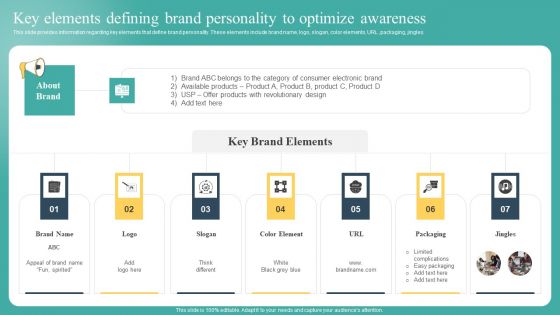 Key Elements Defining Brand Personality To Optimize Awareness Template PDF