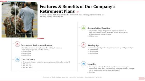 Key Factor In Retirement Planning Features And Benefits Of Our Companys Retirement Plans Mockup PDF