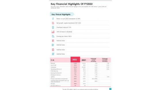 Key Financial Highlights Of FY2022 One Pager Documents