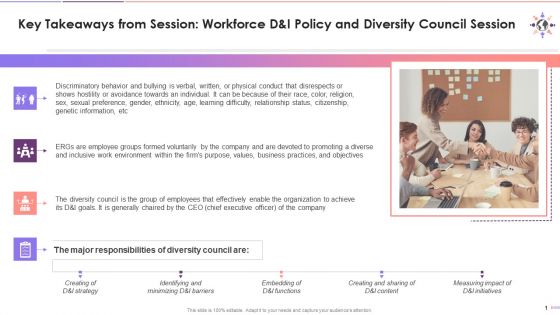 Key Outcomes For Session On Diversity And Inclusion Policy And Diversity Council Training Ppt