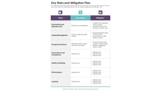 Key Risks And Mitigation Plan One Pager Documents Key Risks And Mitigation Plan One Pager Documents