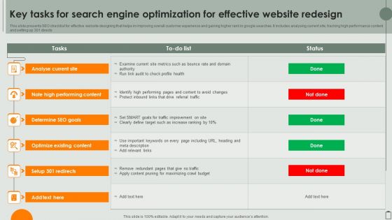 Key Tasks For Search Engine Optimization For Effective Website Redesign Mockup PDF