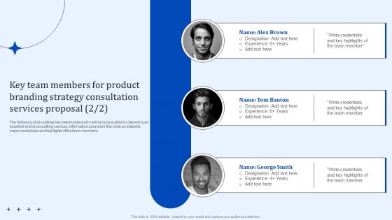 Key Team Members For Product Branding Strategy Consultation Services Proposal Designs PDF