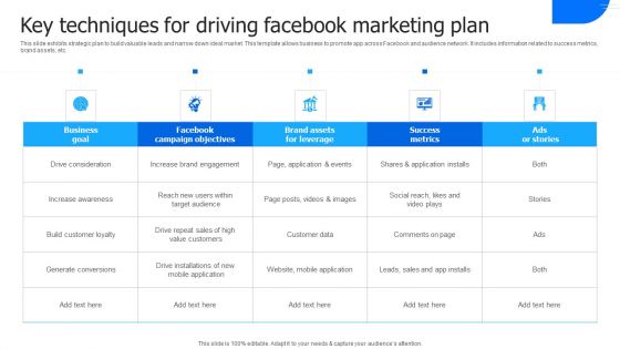Key Techniques For Driving Facebook Marketing Plan Inspiration PDF