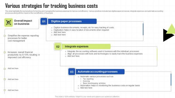 Key Techniques To Enhance Cost Efficiency Various Strategies For Tracking Business Costs Formats PDF