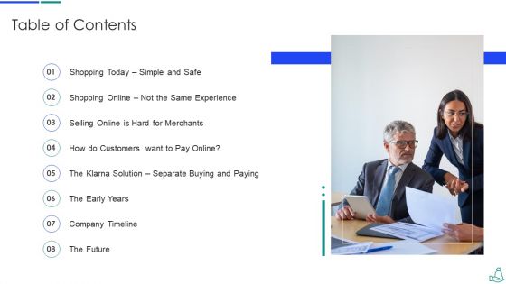 Klarna Venture Capitalist Funding Elevator Pitch Deck Table Of Contents Template PDF