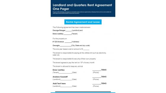 Landlord And Quarters Rent Agreement One Pager PDF Document PPT Template