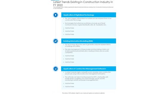 Latest Trends Existing In Construction Industry In FY 2022 One Pager Documents