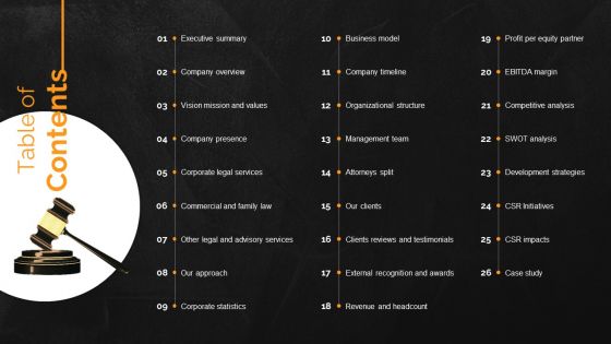 Law And Enforcement Company Profile Table Of Contents Icons PDF