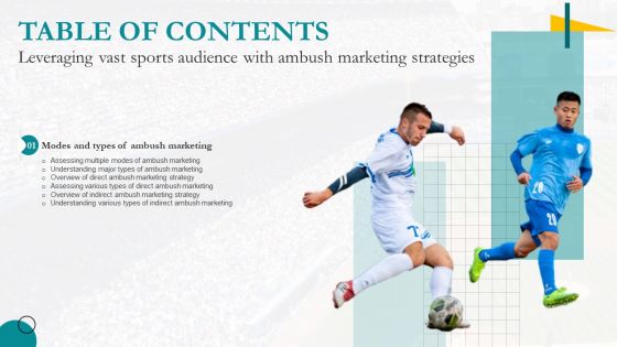 Leveraging Vast Sports Audience With Ambush Marketing Strategies Table Of Contents Ppt File Graphics Download PDF