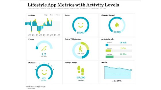 Lifestyle App Metrics With Activity Levels Ppt PowerPoint Presentation Gallery Tips PDF