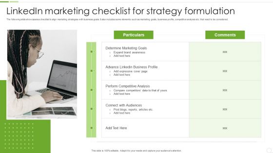 Linkedin Marketing Checklist For Strategy Formulation Ppt PowerPoint Presentation File Grid PDF