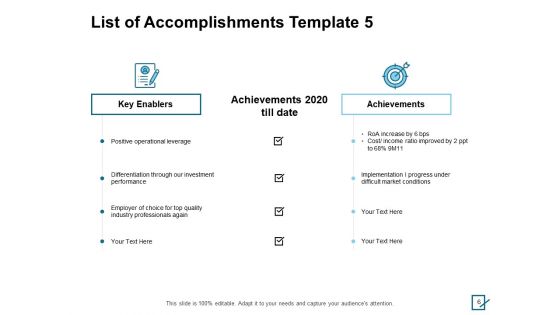 List Of Accomplishments Ppt PowerPoint Presentation Complete Deck With Slides