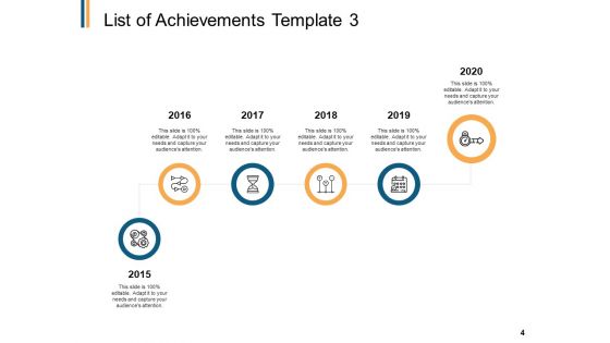 List Of Achievements Ppt PowerPoint Presentation Complete Deck With Slides