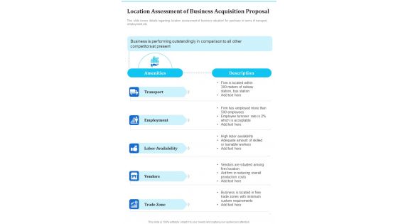 Location Assessment Of Business Acquisition Proposal One Pager Sample Example Document Location Assessment Of Business Acquisition Proposal One Pager Sample Example Document