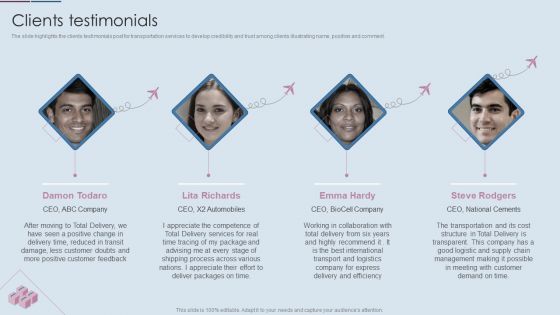 Logistics Shipment Company Profile Clients Testimonials Ppt Inspiration Graphic Images PDF