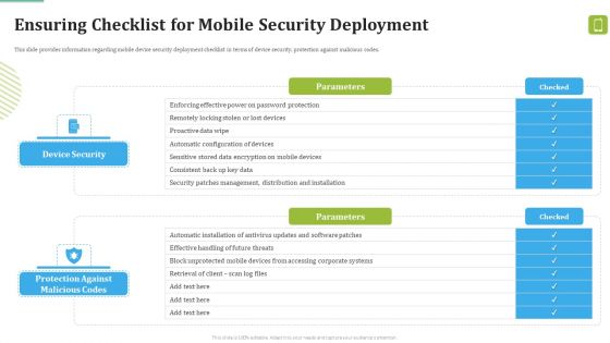 MDM Strategies At Office Ensuring Checklist For Mobile Security Deployment Contd Template PDF