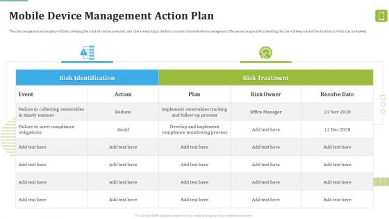 MDM Strategies At Office Mobile Device Management Action Plan Icons PDF