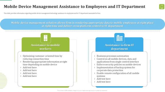 MDM Strategies At Office Mobile Device Management Assistance To Employees And IT Department Portrait PDF