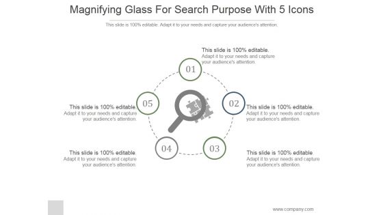 Magnifying Glass For Search Purpose With 5 Icons Ppt PowerPoint Presentation Pictures