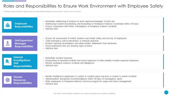 Major Techniques For Project Safety IT Roles And Responsibilities To Ensure Work Environment With Employee Safety Graphics PDF