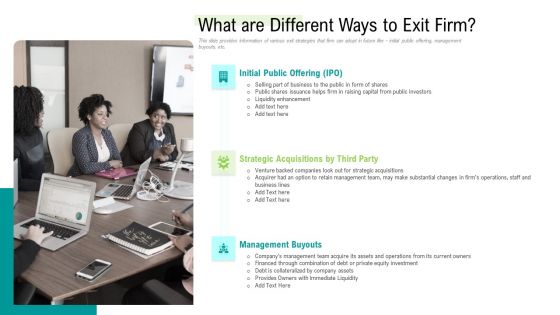 Management Acquisition As Exit Strategy Ownership Transfer What Are Different Ways To Exit Firm Rules PDF