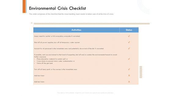 Managing Companys Online Presence Environmental Crisis Checklist Mockup PDF