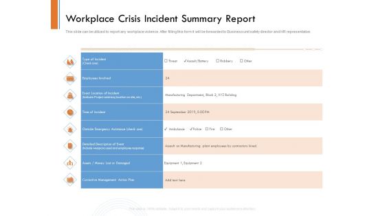 Managing Companys Online Presence Workplace Crisis Incident Summary Report Sample PDF