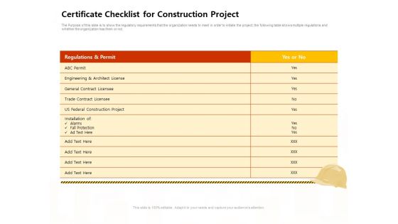 Managing Construction Work Certificate Checklist For Construction Project Ideas PDF