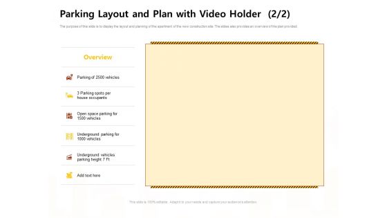 Managing Construction Work Parking Layout And Plan With Video Holder Plan Mockup PDF