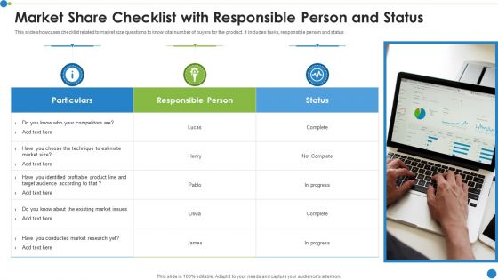 Market Share Checklist With Responsible Person And Status Ppt PowerPoint Presentation File Slide PDF