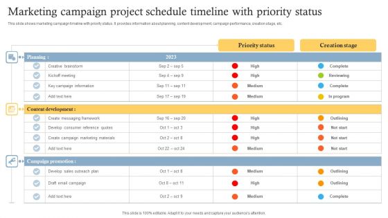 Marketing Campaign Project Schedule Timeline With Priority Status Introduction PDF