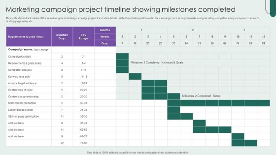 Marketing Campaign Project Timeline Showing Milestones Completed Portrait PDF