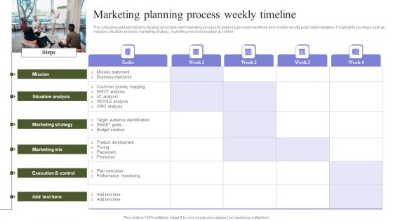 Marketing Mix Strategy Handbook Marketing Planning Process Weekly Timeline Template PDF