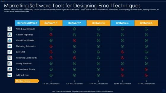 Marketing Software Tools For Designing Email Techniques Ppt PowerPoint Presentation File Graphics Tutorials PDF