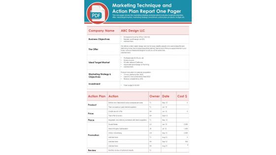 Marketing Technique And Action Plan Report One Pager PDF Document PPT Template Marketing Technique And Action Plan Report One Pager PDF Document PPT Template