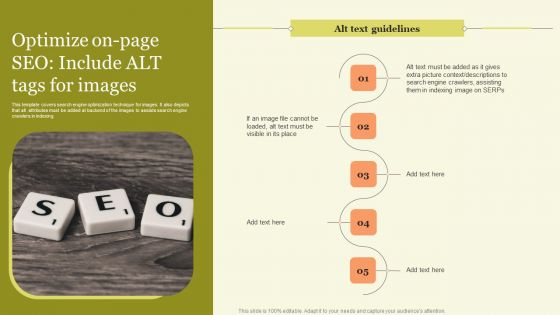Marketing Techniques For Increasing Target Audience Optimize On Page Seo Include Alt Tags For Images Ideas PDF