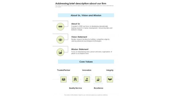 Mental Behavior Evaluation Addressing Brief Description About Our Firm One Pager Sample Example Document