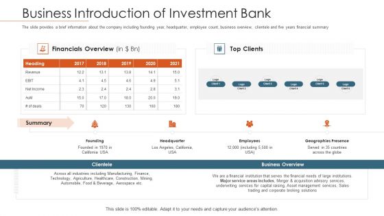 Merger Agreement Pitch Deck Business Introduction Of Investment Bank Template PDF
