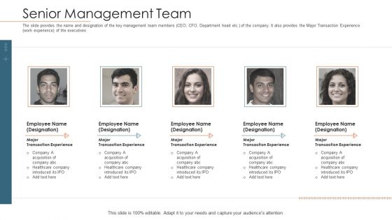 Merger Agreement Pitch Deck Senior Management Team Brochure PDF