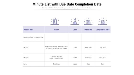 Minute List With Due Date Completion Date Ppt PowerPoint Presentation Gallery Designs Download